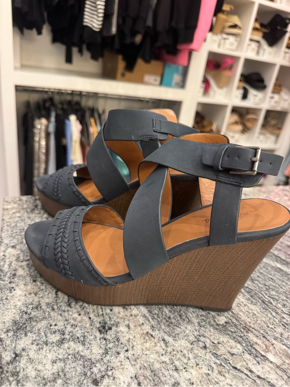 Indigo Navy Blue Crisscross Wedge Sandals with Buckle